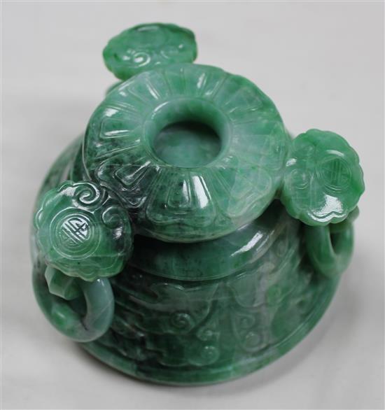 A good Chinese archaistic green jadeite censer and cover, Ding, 19th / 20th century, weight 1.6kg, width 16.7cm, height 13cm